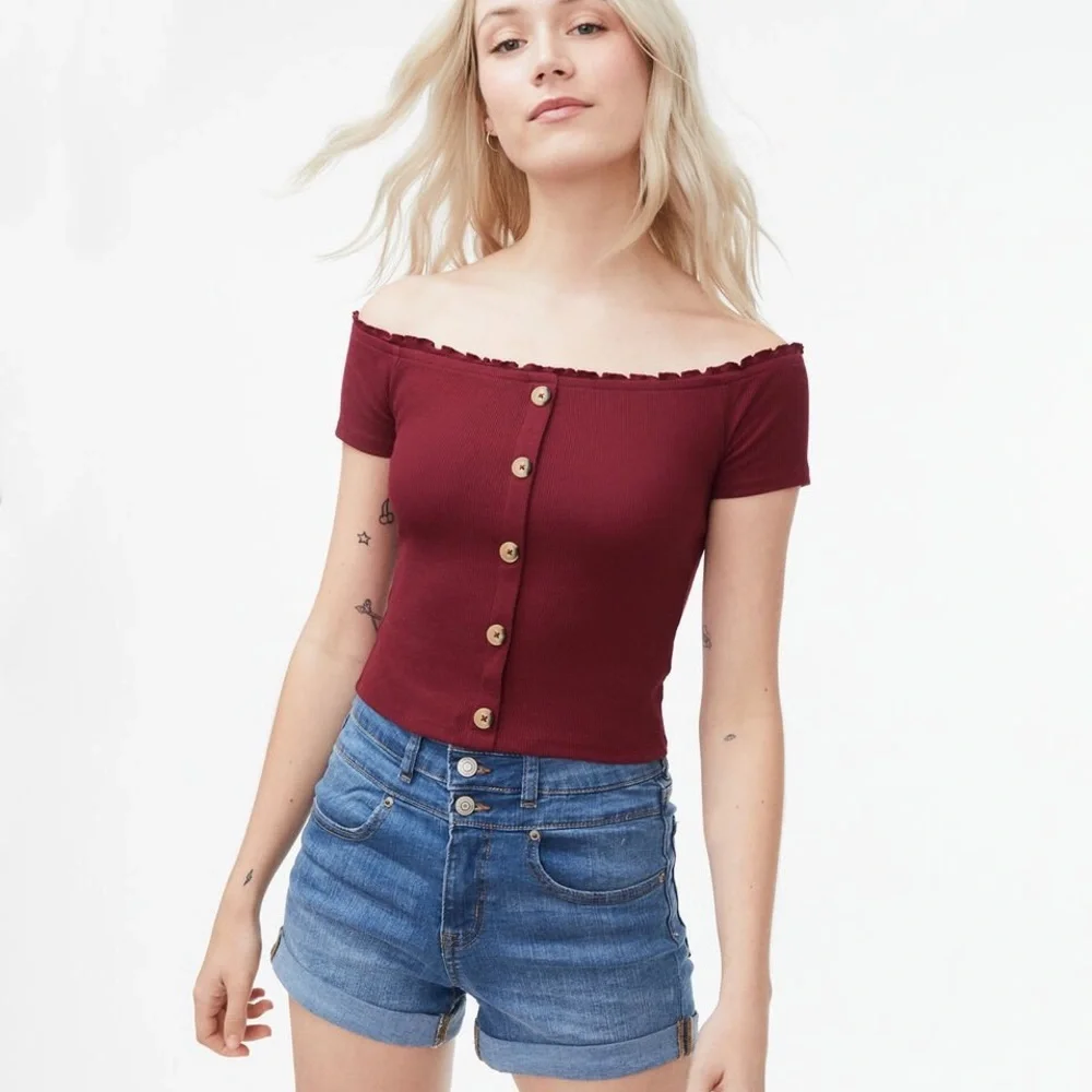 Women’s size small red Abercrombie soft off shoulder bodycon shirt dainty y2k - Picture 1 of 6